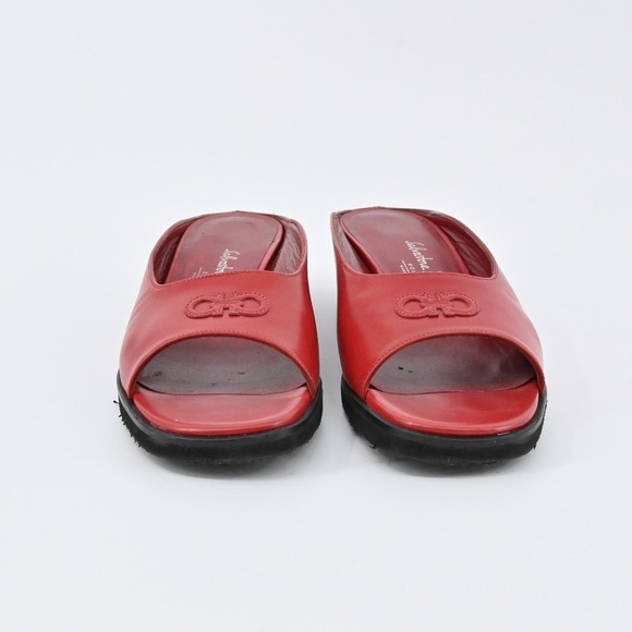 Salvatore Ferragamo Slide Wedges Womens Size 7B Red Logo Open Toe Comfort Preppy - Picture 2 of 11
